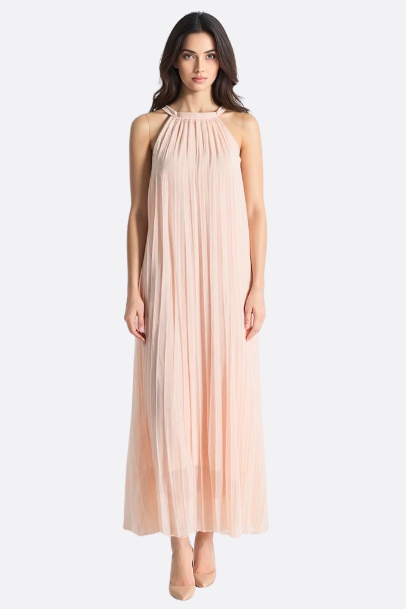 Blush Pink Pleated Chiffon Maxi Dress